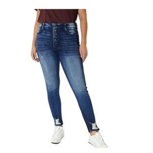 Kancan Curvy Sophia High Rise skinny button fly blue jeans distressed size 3XL